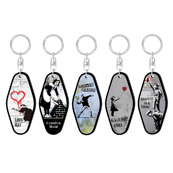 Banksy塗鴉圖像 旅館鑰匙圈 - 氣球女孩 / 愛心老鼠 / 鮮花炸彈客 / 康登女僕 / 塗鴉有罪 - BRANDALISED Motel Keychain - Balloon Girl / Love Rat / Flower Bomber / Camden Maid / Graffiti Is A Crime